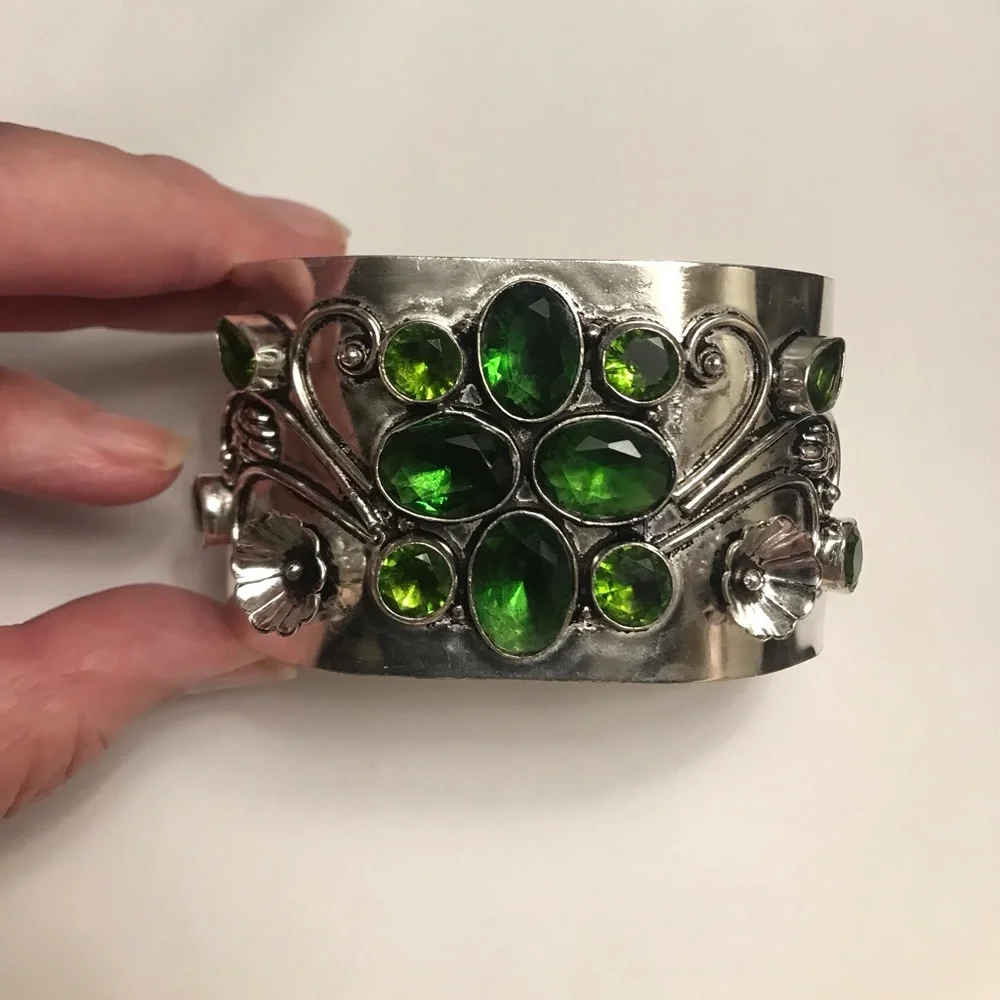 Peridot Stamped Solid 925 Sterling Silver Cuff Bracelet